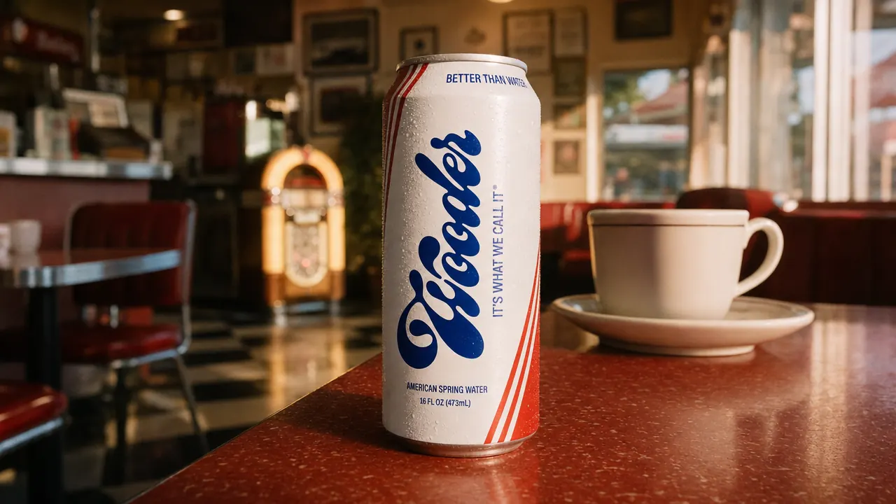 Cold 16 oz Wooder can on a red diner counter beside a coffee cup, jukebox glowing in the background