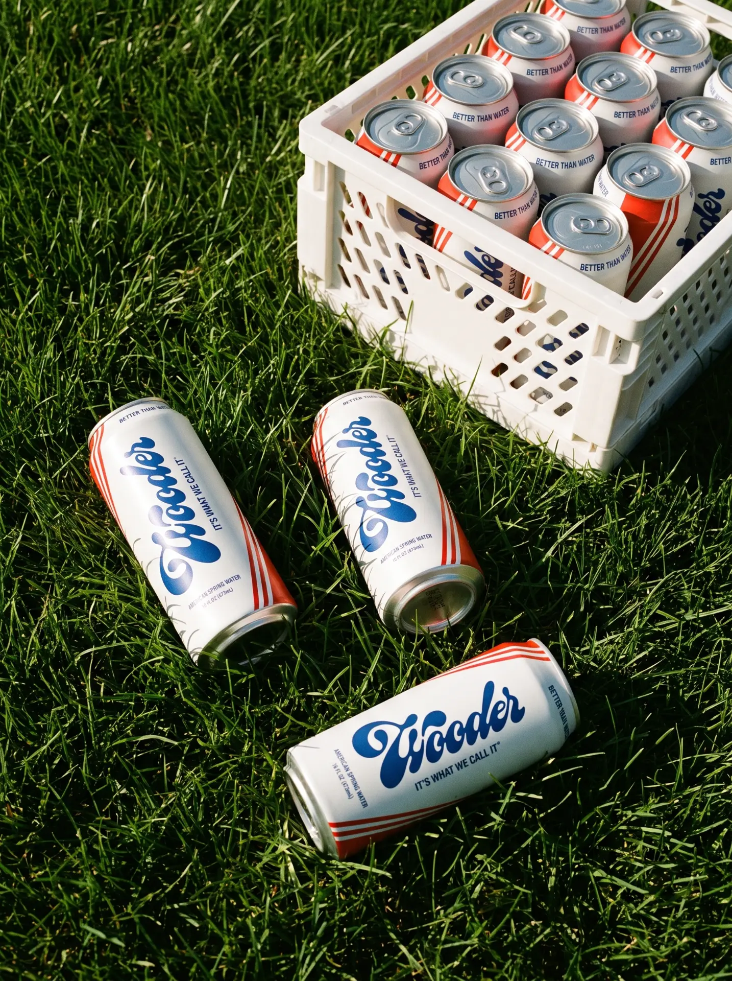 Wooder cans in a white crate resting in the grass