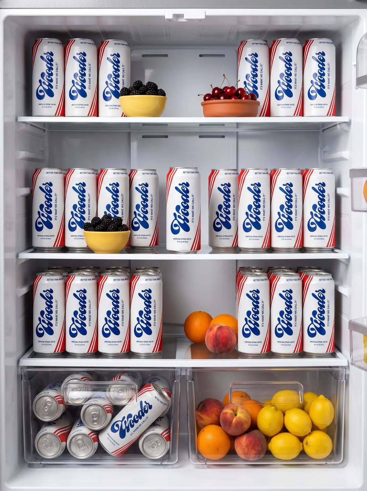 A refrigerator fully stocked with Wooder cans